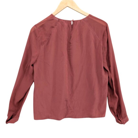 Club Monaco Silk Ruched Neck Top Womens Terracotta Red Long Sleeve Blouse Size M - Picture 2 of 9
